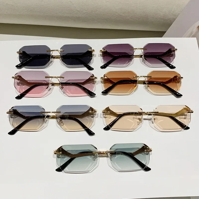 JNPCXI New Fashion Trending Small Rectangle Sunglasses Retro Metal Rimless Gradient Shades UV400