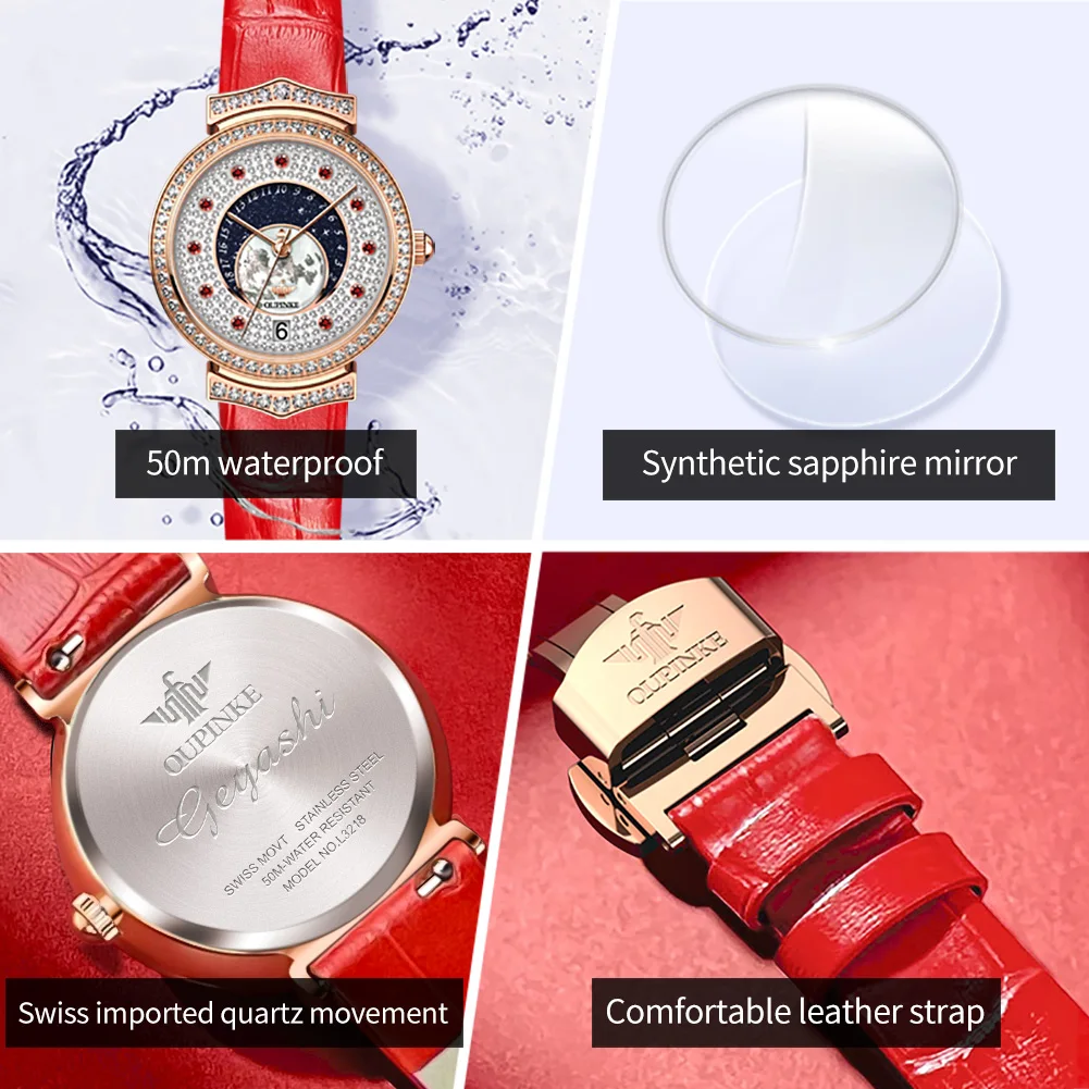 OUPINKE 3218 Luxury Womens Watches Swiss Quartz Movement Wristwatch Waterproof Diamond Dial Bracelet Set Watches Gifts Reloj