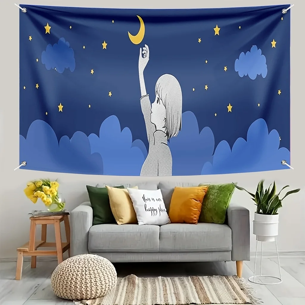 Cat Reaching for the Moon Shower Curtain - Water-Resistant Fabric for Bathroom - Perfect for Whimsical and Dreamy Decor