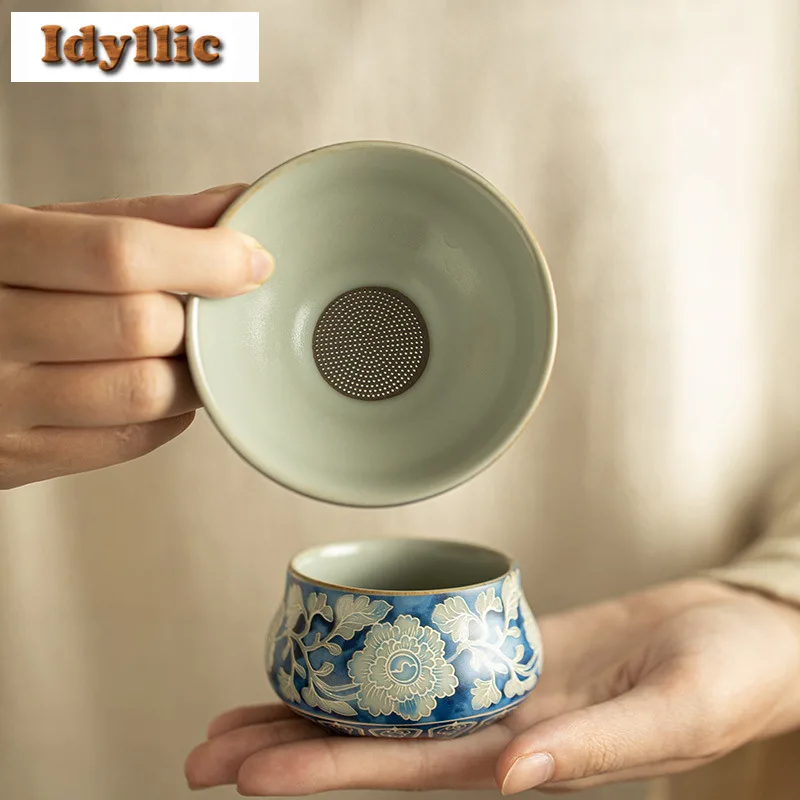 

Ru Kiln Blue And White Tea Separator Infusor Traditional Tea Strainer Dispenser Household Tea Maker Tea Filter Tea Items Gift