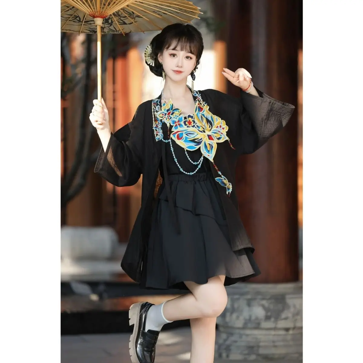 

Chinese Improved Jk Uniform Style Women Daily Hanfu Dress Fairy Dress Half Sleeve Embroidery Blouse Pleated Skirt Hanfu Set