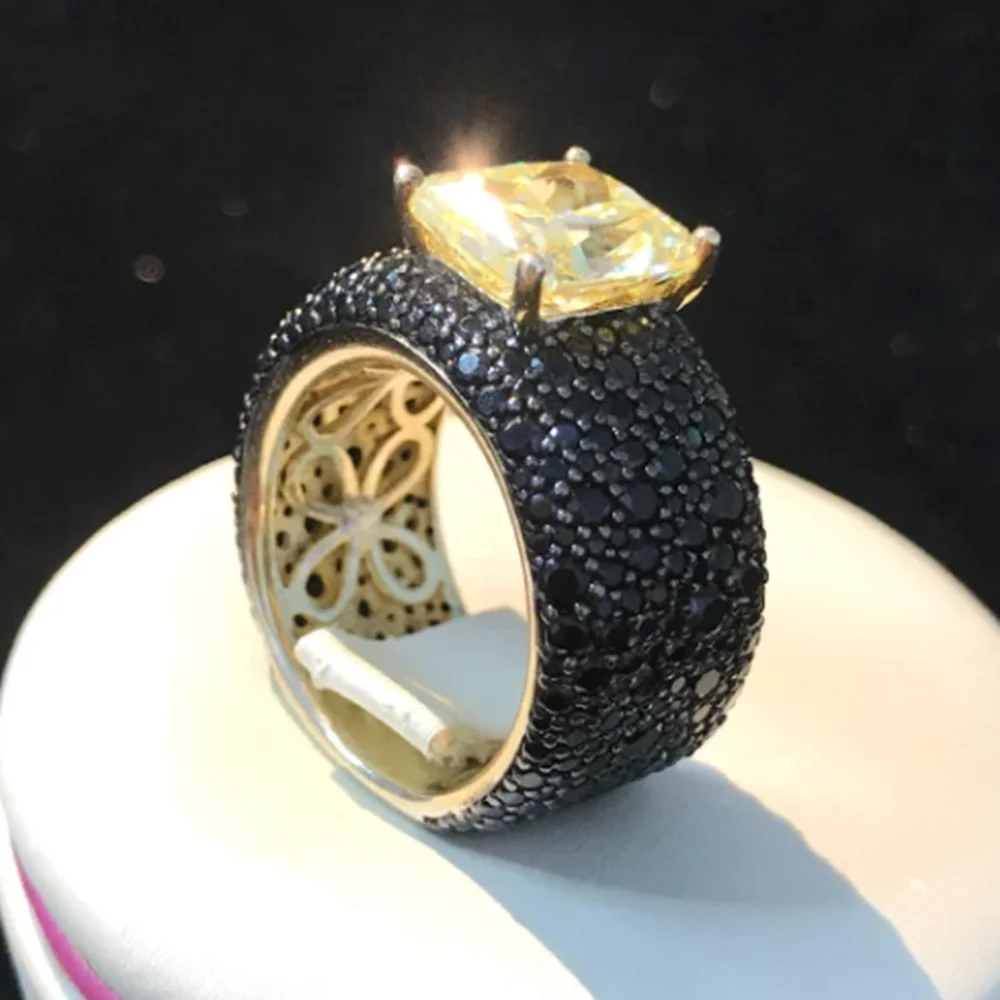 

ARIGAYA Real 925 Sterling Silver With Black Zircon And Created Yellow High Carbon Diamond Gemstone Ring Luxury Jewelry for Women