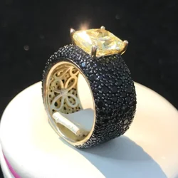 ARIGAYA Real 925 Sterling Silver With Black Zircon And Created Yellow High Carbon Diamond Gemstone Ring Luxury Jewelry for Women