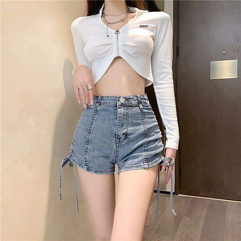

2025 Sexy Stretch Denim Shorts Women's Straight Leg High-Waisted A- Line Tie-String Wide Leg Jeans Sensible Design For Fashion