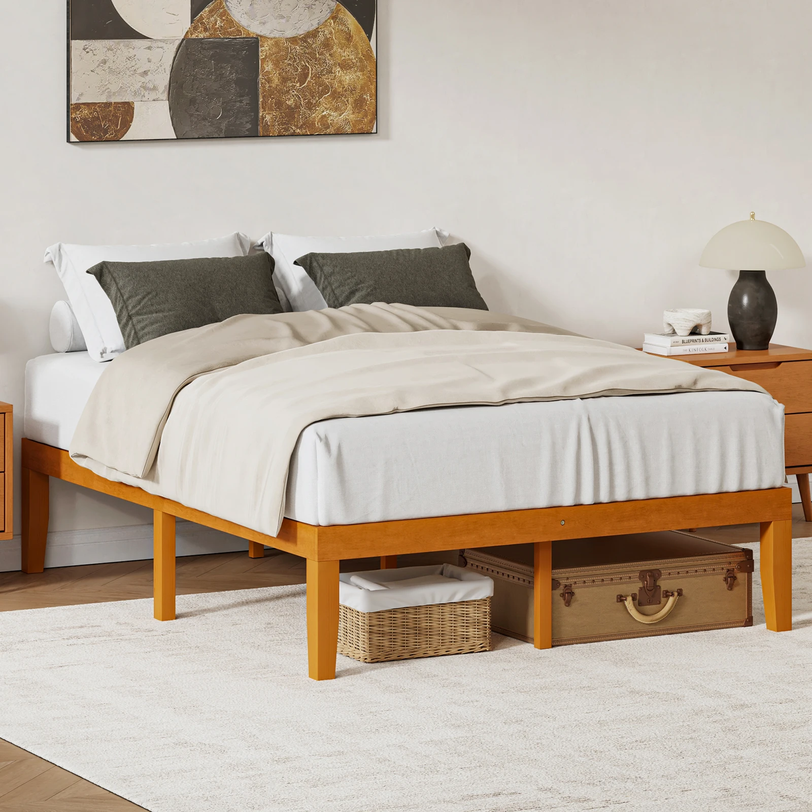 JHK 16IN Solid Wood Bed Frame with Sturdy Wood Slat Support 
