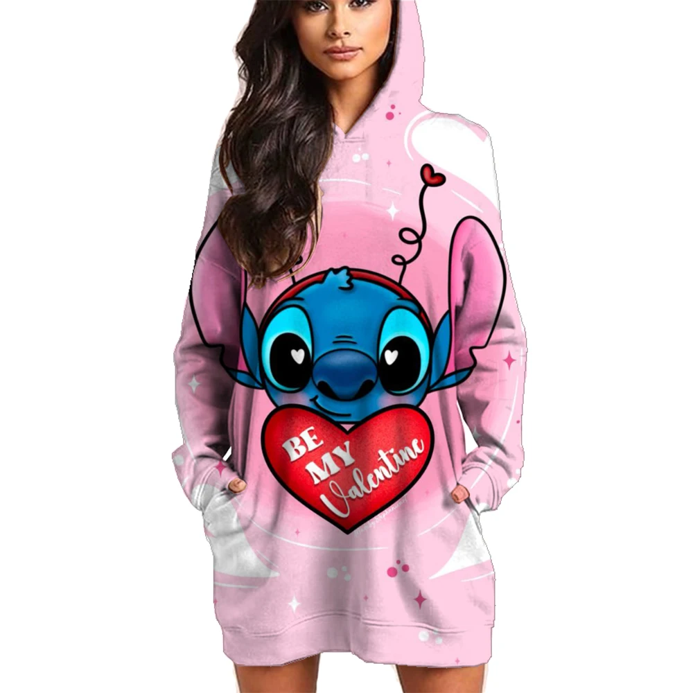 Kawaii Disney Stitch Women's Hoodies Dress Ladies Fashion Leisure S-3XL Youthful Woman Clothes Lovely Black Hoodie Winter Y2k