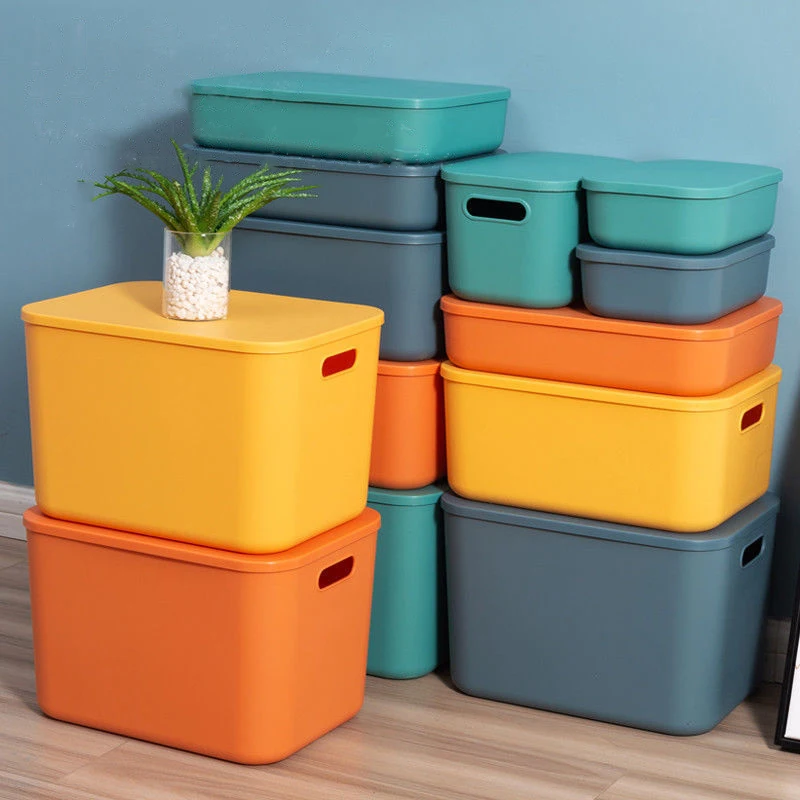 1Pcs Plastic Storage Bins, Stackable Baskets with Lid and Handle,Colorful Desktop Box Cubby Containers