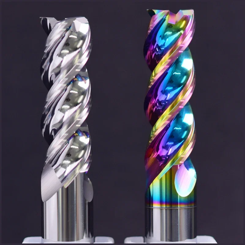 

Tungsten Steel Aluminum Milling Cutter 3-Flute High Gloss Extended U-Groove Rainbow Flat Knife 4/6/8/10/12/16/20mm