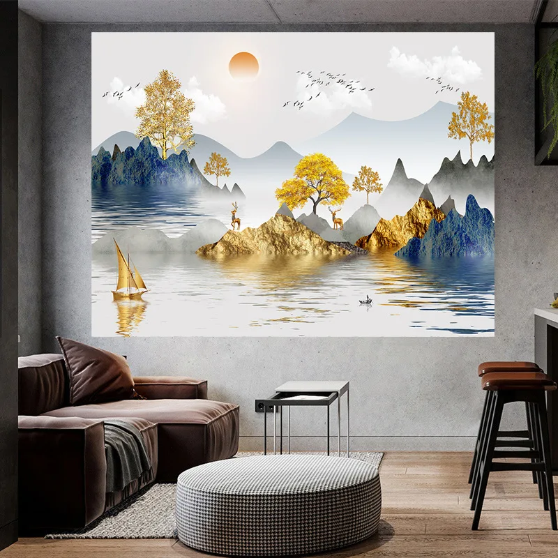 Asian Style Watercolor Tapestry Wall Hanging Chinese Landscape Painting Print Tapestries Bedroom Living Room Dorm Home Decor