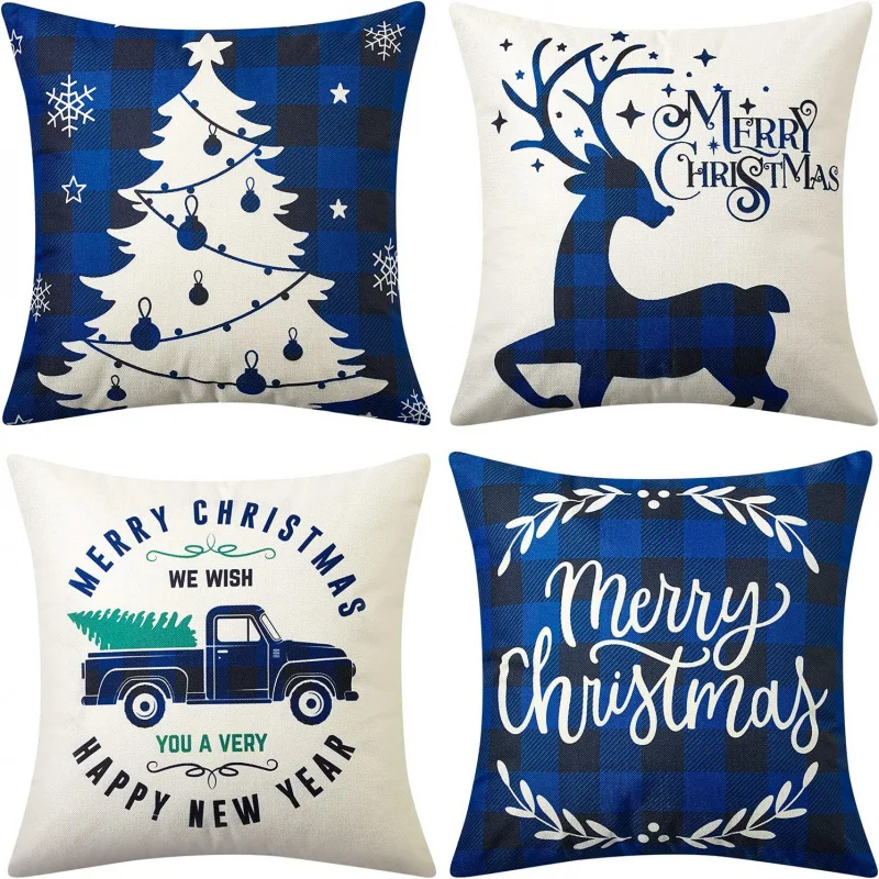 

New Christmas Pillow Set 18x18Set of 4 Family Farmhouse Blue Black Pattern Tree Deer Country Truck Winter Vacation Sofa Pillowca