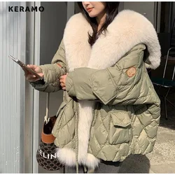 Winter Women Big Luxury Faux Fox Fur Collar Coat 2023 Fluffy Loose Puffer Jacket Feather Female Parka Snow Outwear Windproof