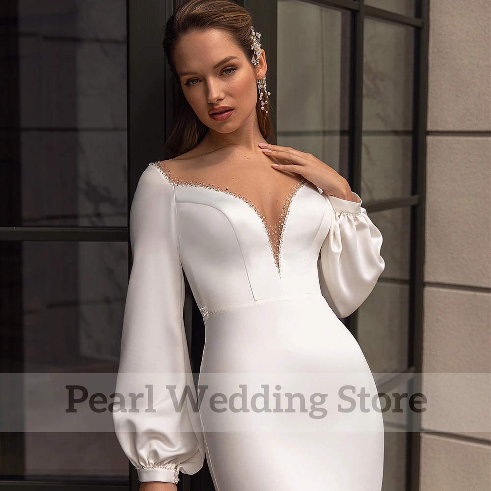 Scoop Neck Long Sleeve Mermaid Wedding Dress Bride Jersey Floor Length with Sweep Train Bridal Formal Marriage Beading Gowns