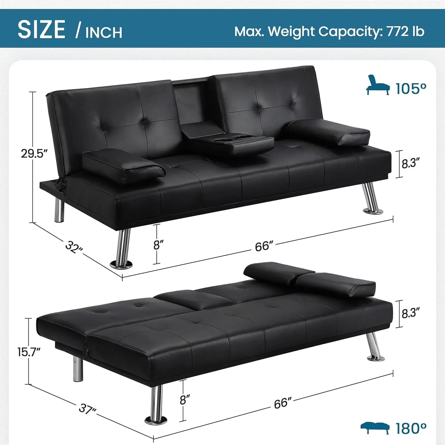 Rozkładana sofa Futon, rozkładana kanapa, nowoczesna tapicerowana skóra PU z wyjmowanymi podłokietnikami