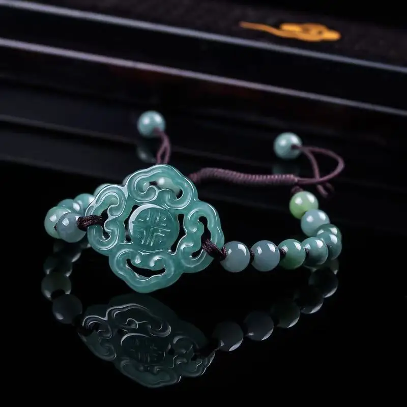 Natural Jadeite A-grade Bracelet Original Design Fashionable Blue Water Ice Type Round Bead Jewelry for Men and Women
