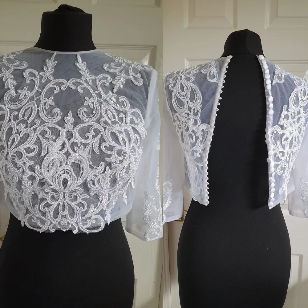 Vintage Ornate Bridal Wraps Round Neck Lace Appliques Button Back Bride Shrug Customized Formal Wedding Bolero Top