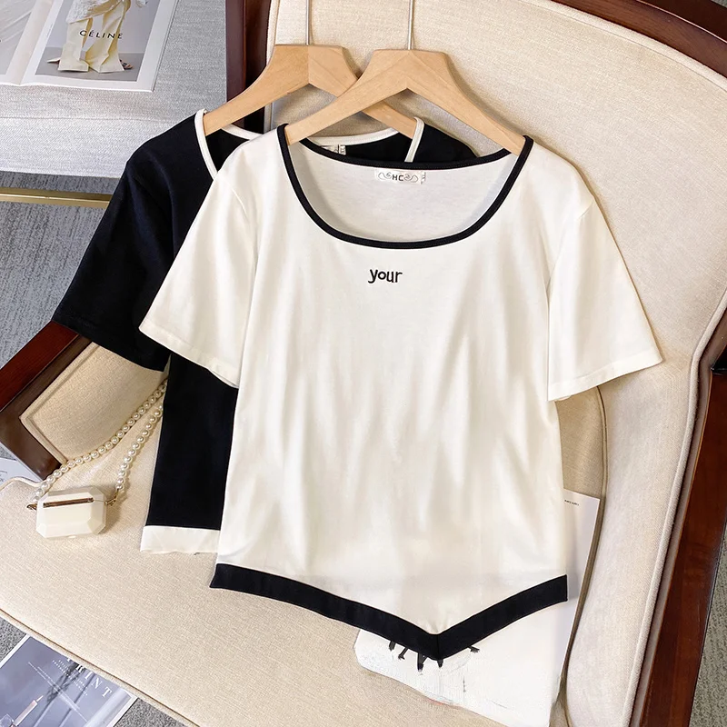 XL-4XL Oversized Splice Color T-shirt Female Summer Minimalist Style Irregular Tops Short-sleeve Embroidery Korean Slim Tshirts