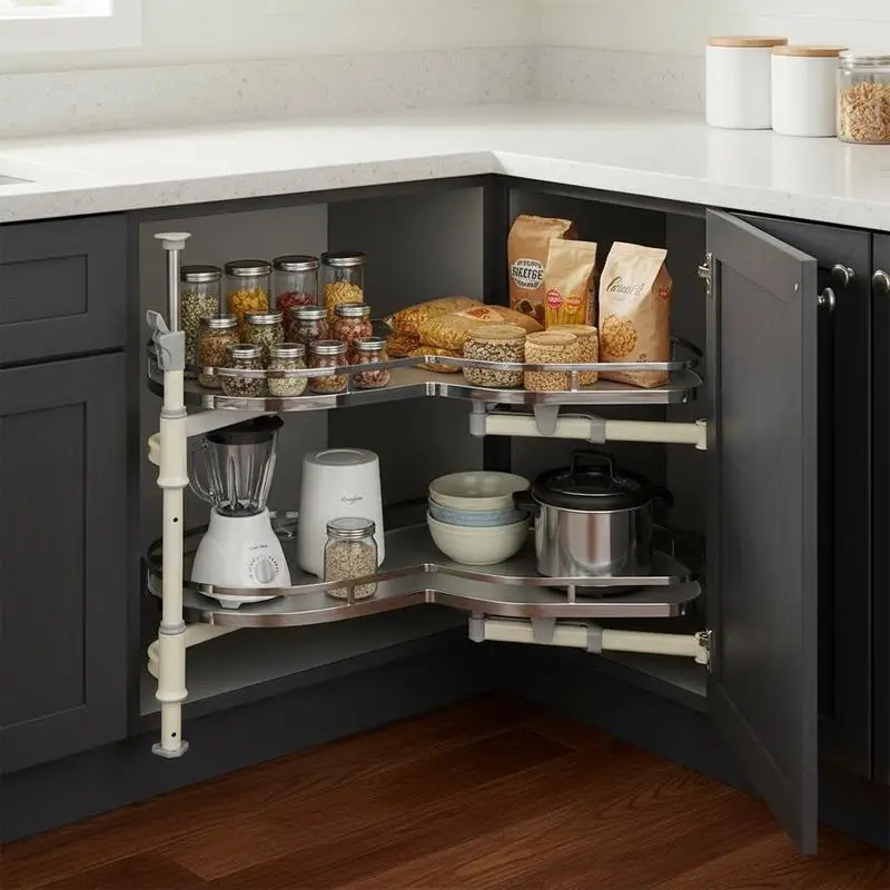 Rechts öffnender Eck-Schrankorganizer – Ausziehbar für Tambour-Türschränke – 2-stufiger, höhenverstellbarer Schwenkbehälter – Soft-Close Küchenorganizer – Effizientes Aufbewahrungsregal für Küche,