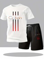 Men's T-shirt and shorts set summer casual loose and fashionable Calvin letter print comfortable round-neck short-sleeved T-shir