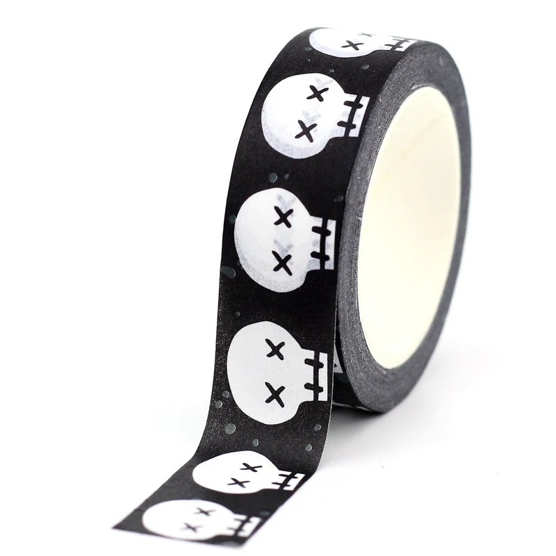 NEW 1PC. 10M Decorative Skull on Black Background Halloween Washi Tape for Journaling Adhesive Masking Tape Cute Stationery