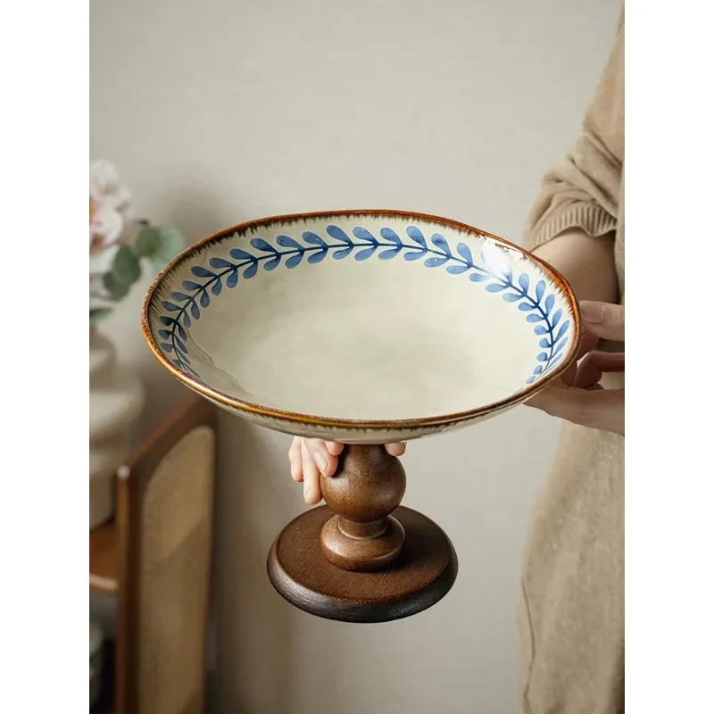 Retro Ceramic High-legged Fruit Tray for Living Room Tea Snacks Bitter Orange Tray Luxury Dry Fruit Tray Microwave Not Supported