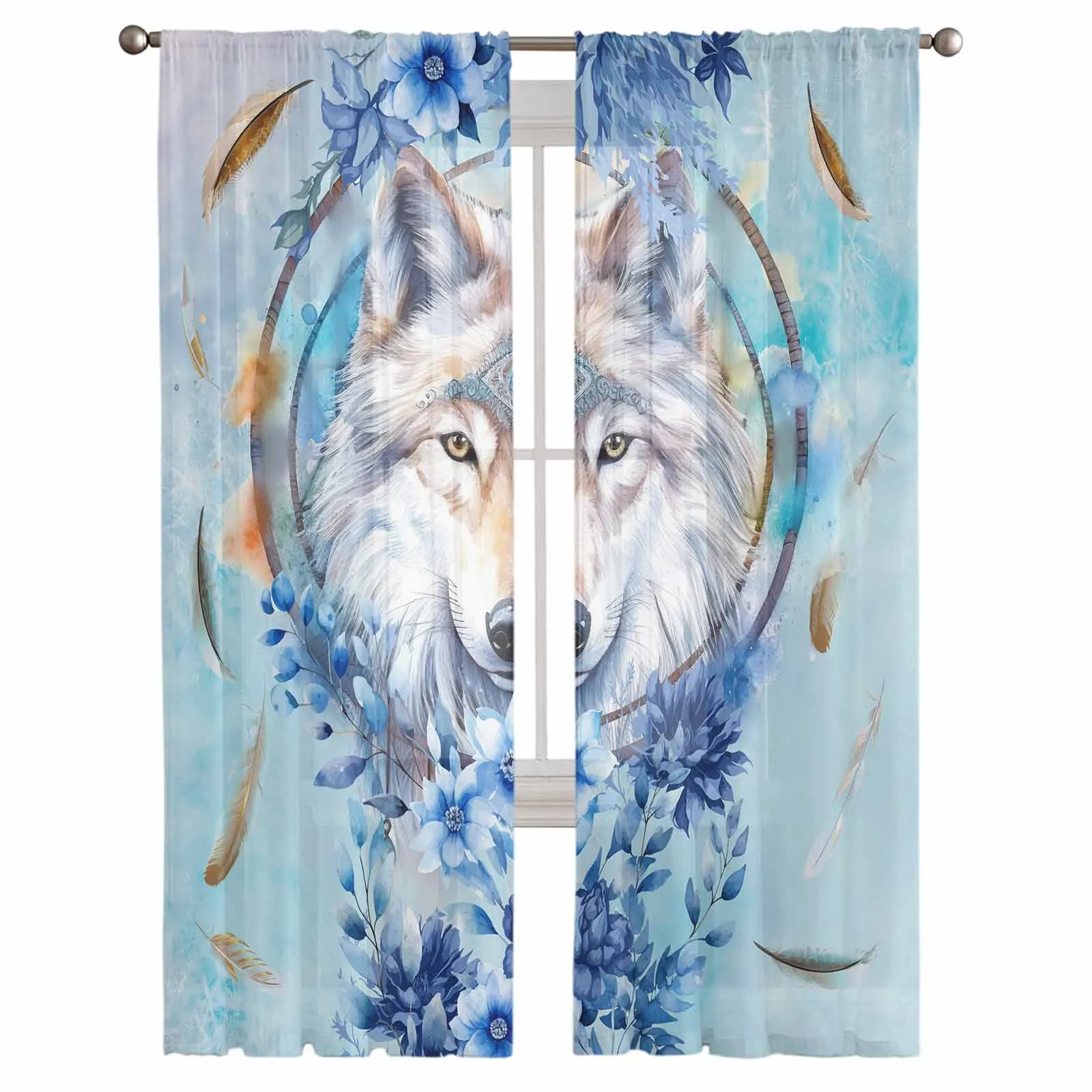 Watercolor Wolf Flower Feather Sheer Tulle Curtains for Living Room Valance Curtains Kitchen Bedroom Window Voile Drapery