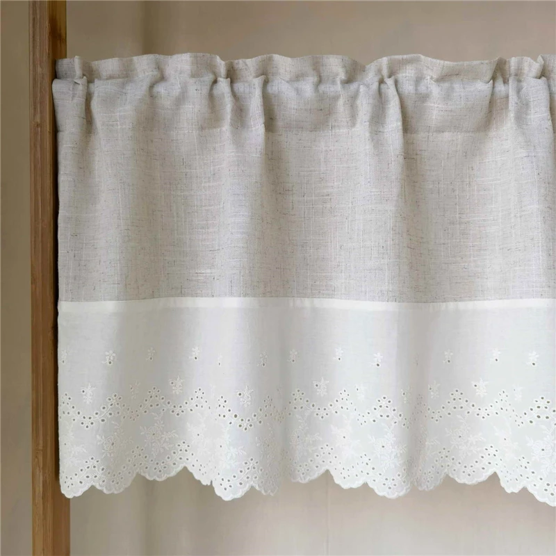 American Cotton and Linen Splicing Embroidered Lace Cafe Curtain Rod Pocket Short Drapes For Kitchen Door Farmhouse 1Piece