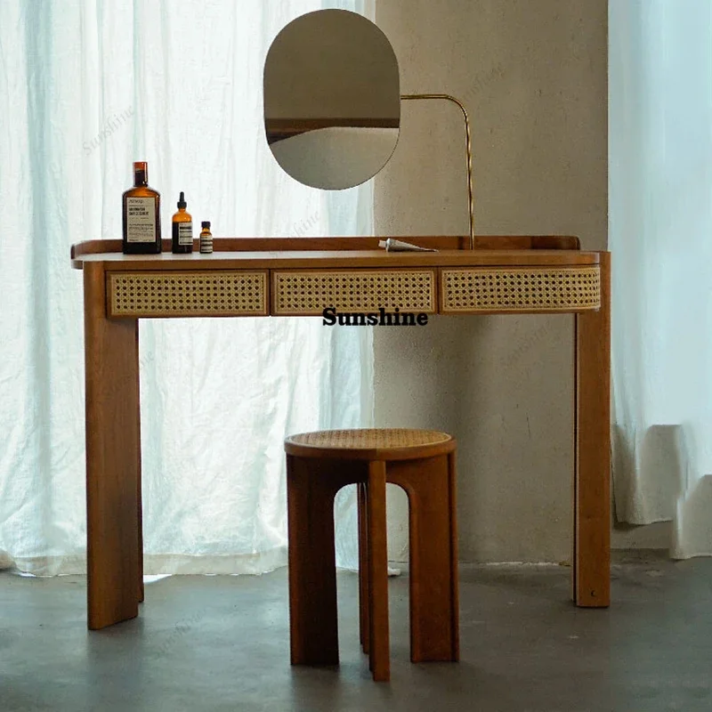 

Simple Rattan Vanity Tables Woman Brown Adult Unique Makeup Desk Dressers Drawers Mirror Storage Penteadeira Furniture Home FT