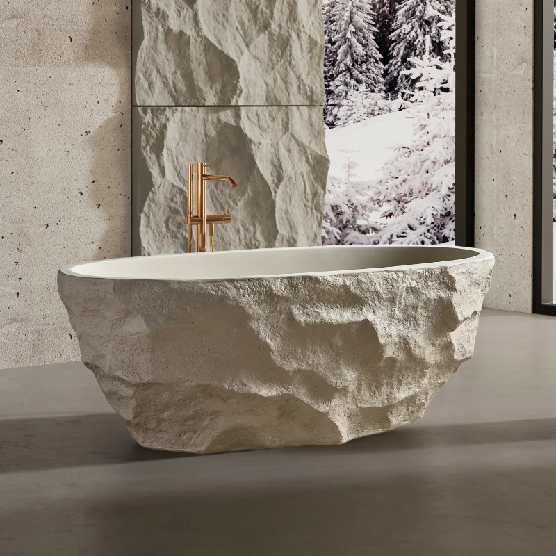 

Natural Beige Roman Travertine Granules Homestay Villa Hotel Freestanding Double Adult Travertine Bathtub Bathtub