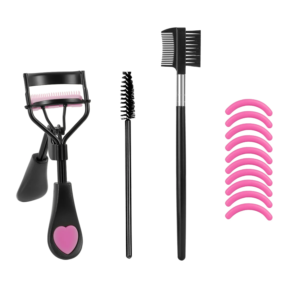 Modelador de cílios portátil com 10 almofadas de silicone e 1 pente espiral e 1 pente de sobrancelha escova de cílios, que não prejudica os cílios.