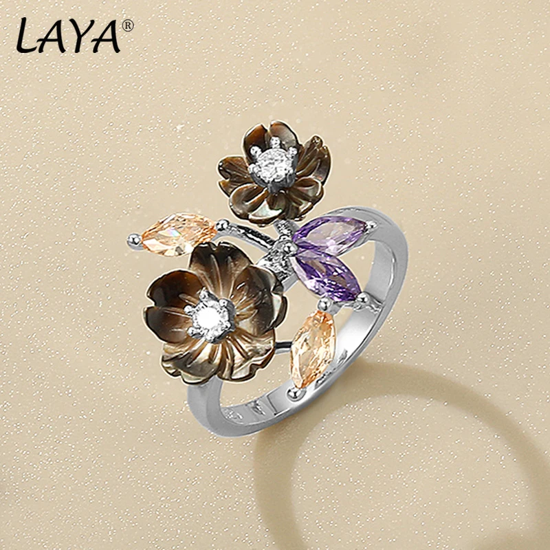 LAYA Ring For Women Black Flower Shining Colorful Zircon 100% 925 Sterling Silver Minimalist Finger Engagement Romantic Jewelry