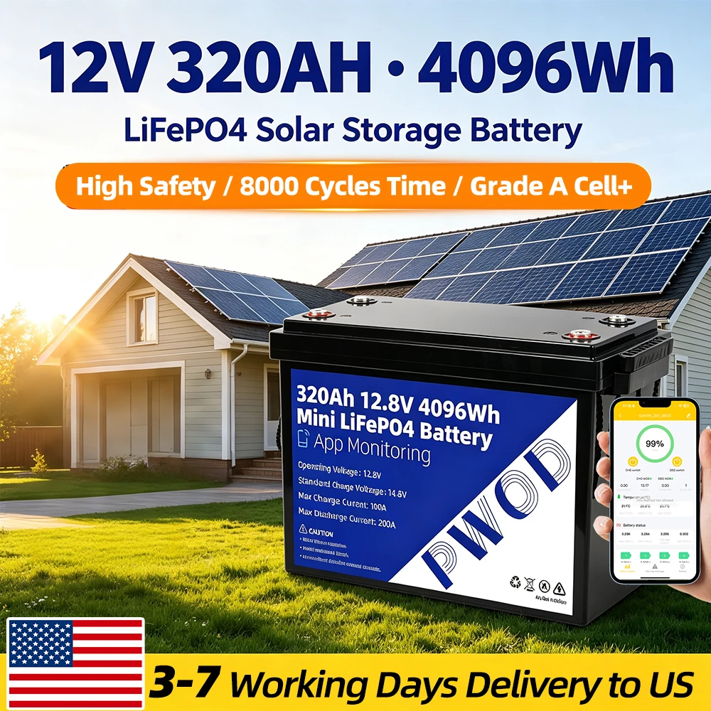 PWOD 4096Wh 12V 320Ah LiFePO4 Battery With APP Monitoring & Low Temp Cutoff - Built-in 200A BMS - 8000 Cycles for Camping RV Boat Golf Cart