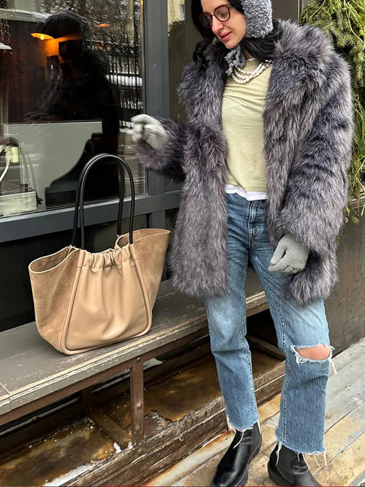 2024 Winter Faux Fur Mid-length Jacket Women Warm Fluffy Loose Long Sleeve Lapel Cardigan Coat Stylish Lady Street Outerwear