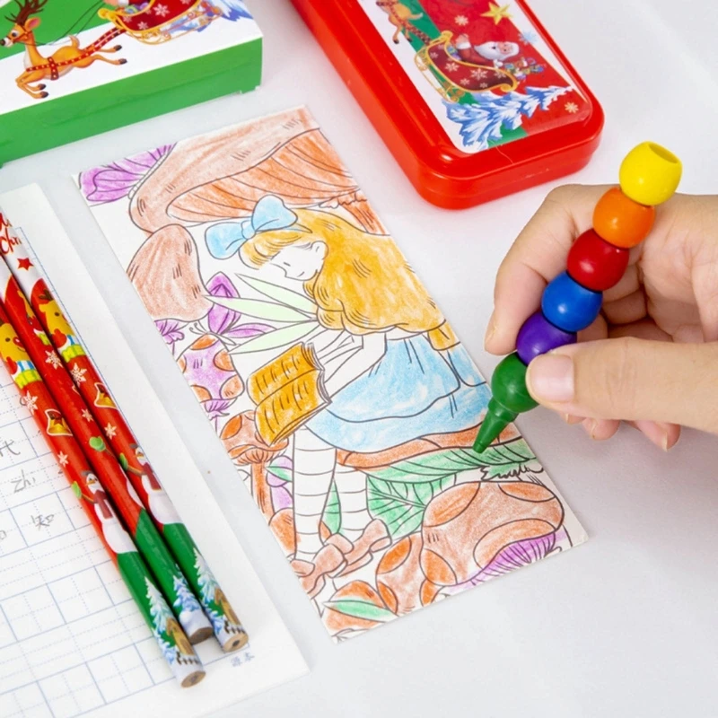 أقلام عيد الميلاد مع علبة أقلام وممحاة ومبراة ومسطرة للأطفال الأولاد والبنات