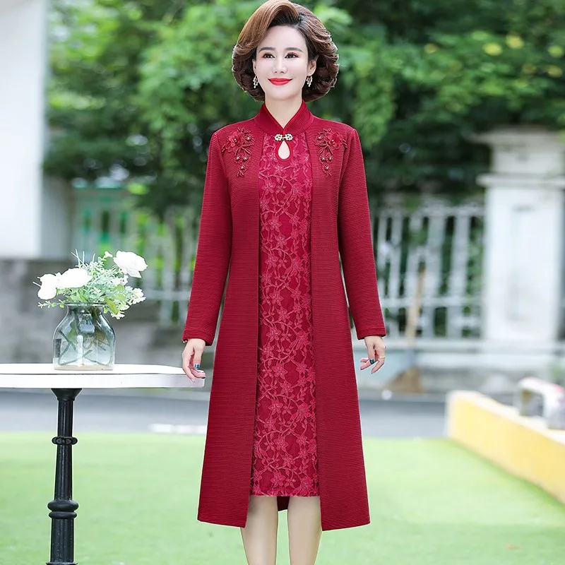 

Red Festive Wedding Cheongsam Dress Vestidos Elegant Women Dresses Spring Autumn Fake 2 Pieces Improve Qipao Dresses 2022