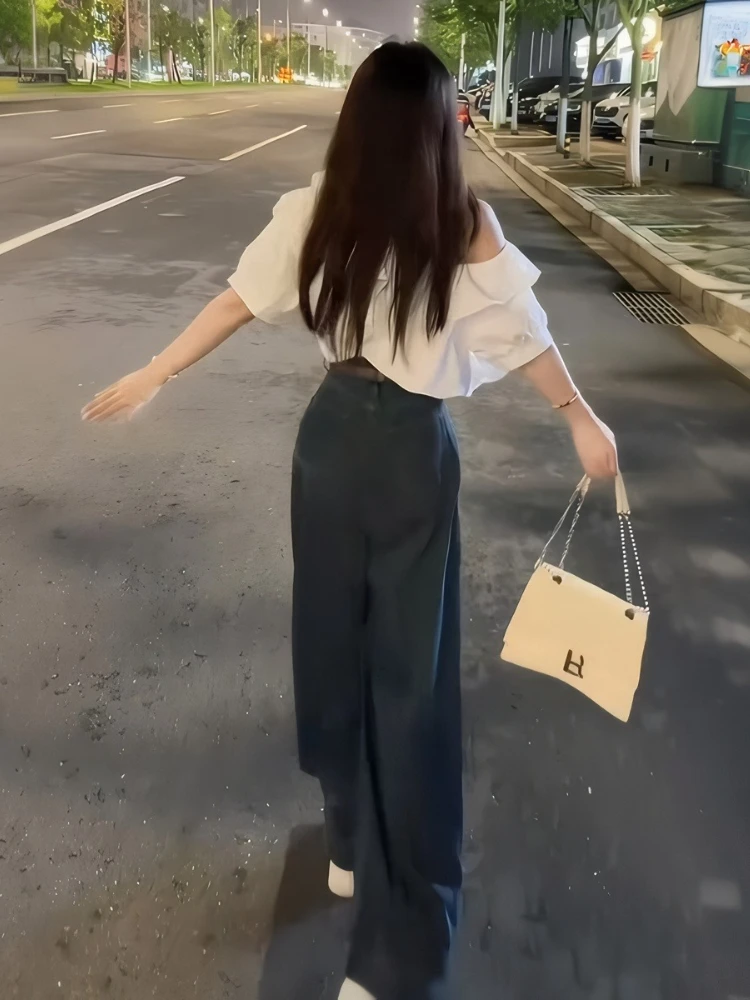 

Summer French Elegant Streetwear 2 Pieces Set Women's Off Shoulder Ruffled Skew Collar Shirt + Hight Waist Denim Wide Leg Pants