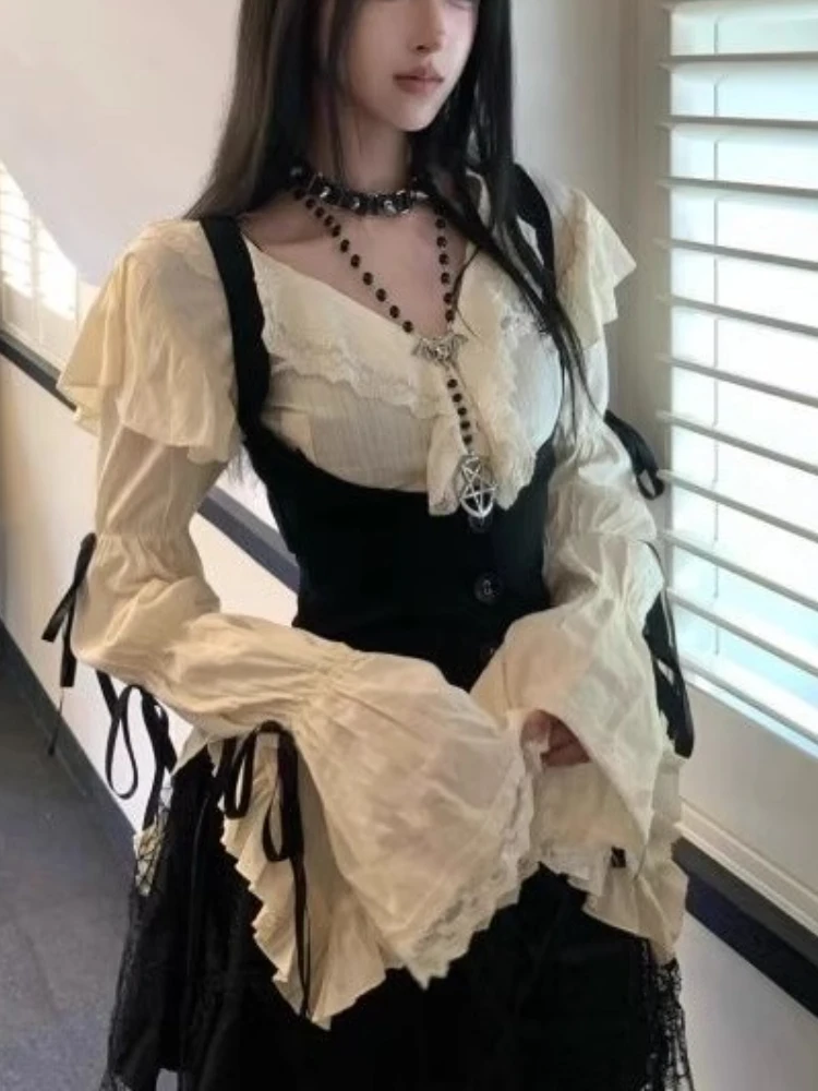 New Subculture Lace Vintage 3 Piece Set Women Design Flare Sleeve Shirt + Tunic Vest+ Mini Skirt Japanese Sexy Y2k Retro Outfits