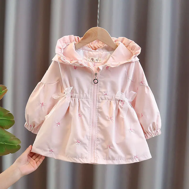 

Baby Girls Coat Medium Length Windbreaker Spring Autumn New KidsTrench Coat Children's hooded embroidered top spring clothes