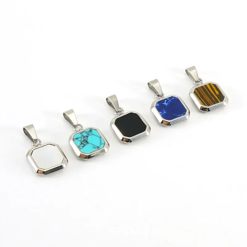 Square Colored Turquoise Pendant Black Stainless Steel 18K Gold Plated Charms For Women Necklace Accessories Jewelry Bulk Sale