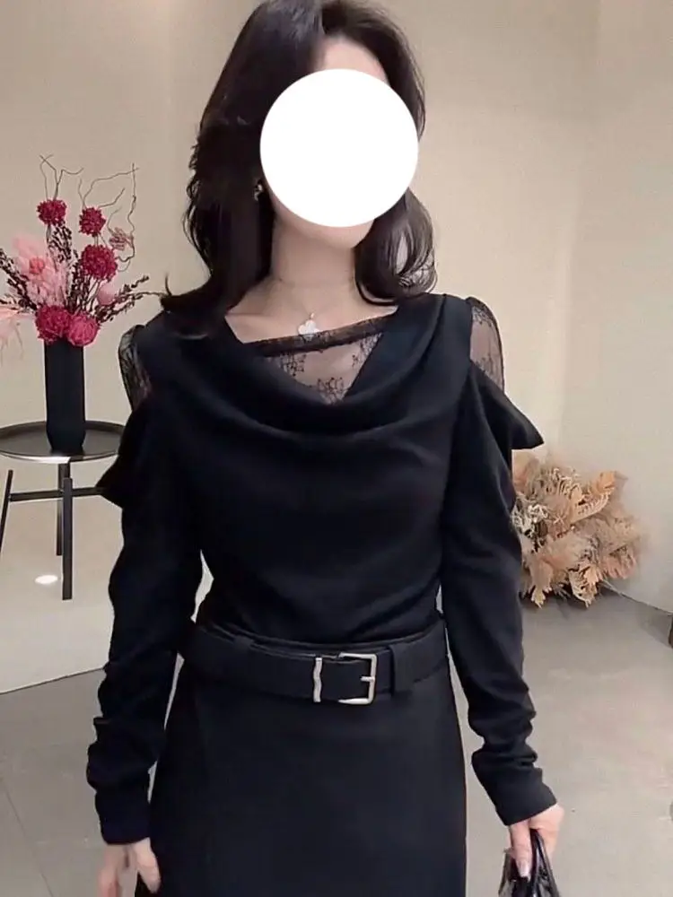 

Chic Design Lace Splice Base irt Women's Autumn Winter New Sle Slimming Pure Desire Faionable Top French Sle Long Sve