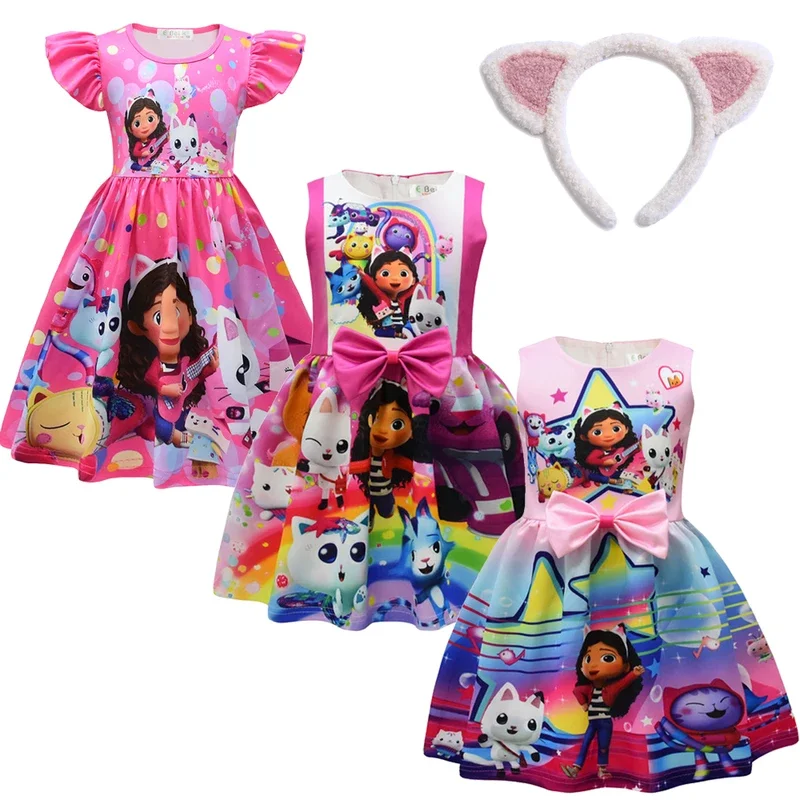 Gabbys Dollhouse Clothes Baby Girls Gabby Cats Dresses with Headwear Bag Kids Cartoon Cats-tastic Wedding Party Princess Vestido