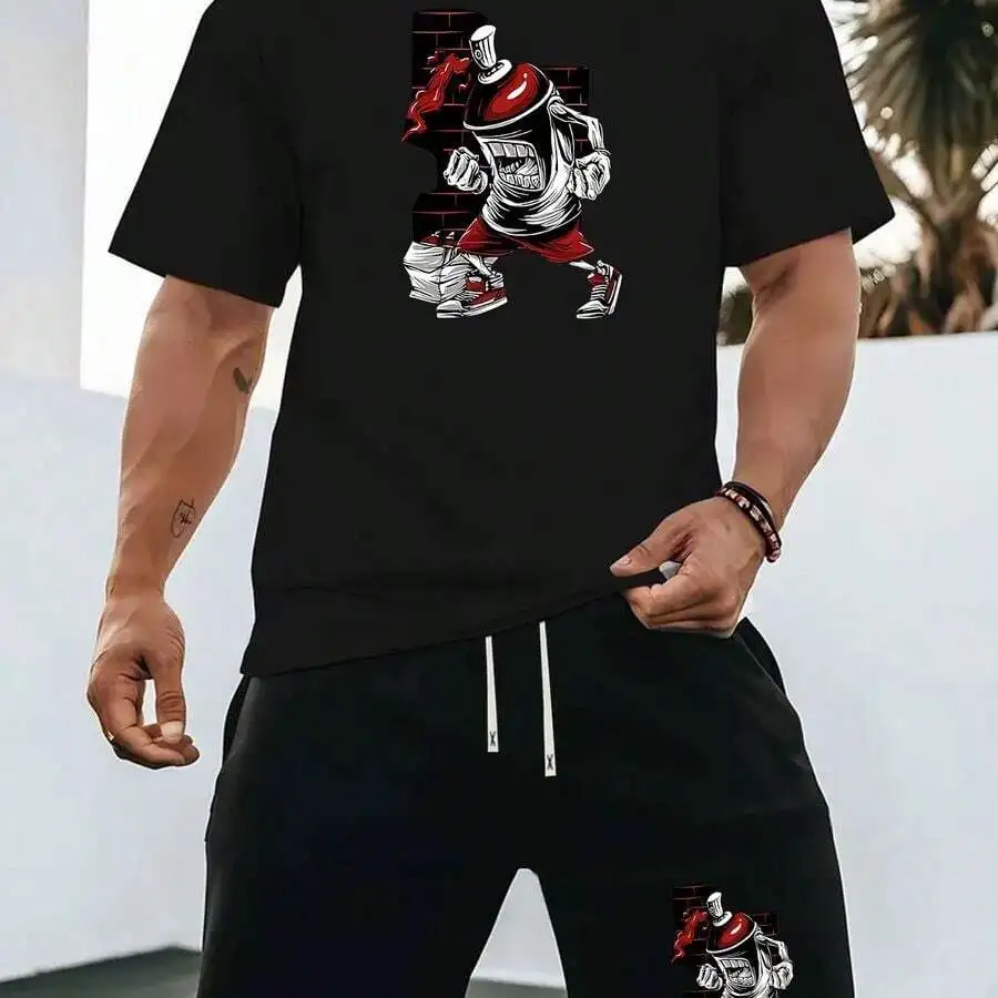 

Mens Casual Summer Two-Piece Set T-Shirt And Shorts With Graffiti Print