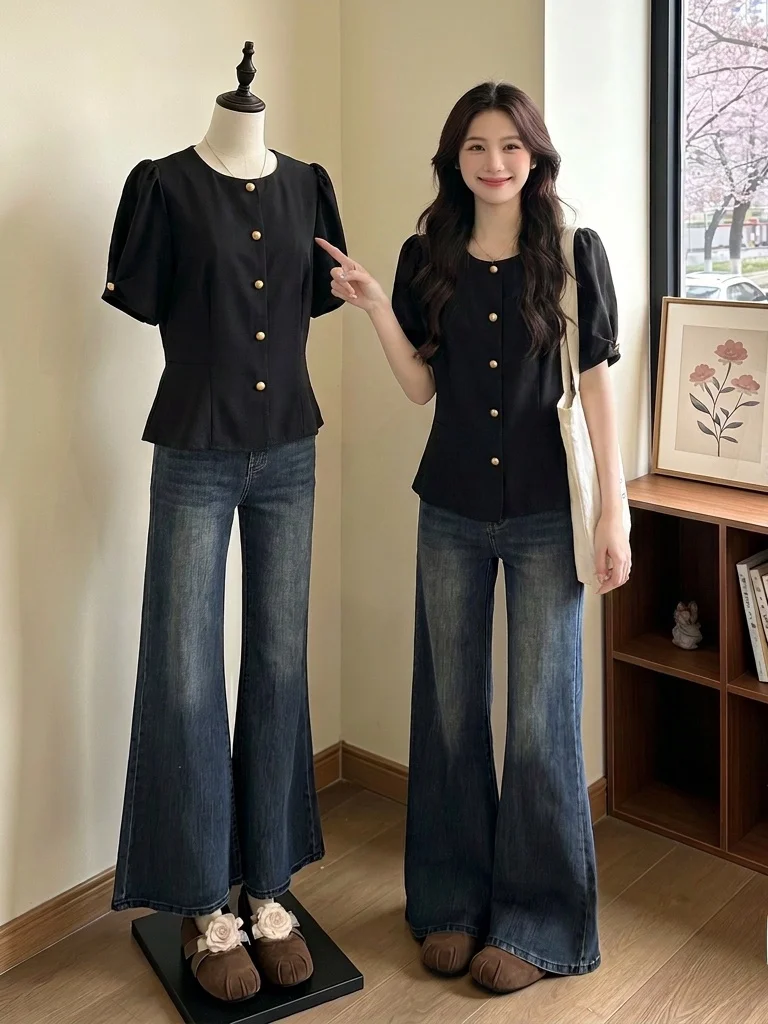 

Elegant Short Sleeve Shirt Women's Korean Style Commute Fashion plus Size Slimming Top Shoulder Padded Summer New Arrival