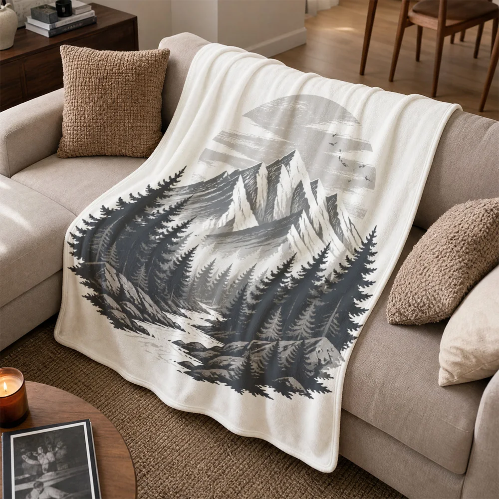 Bohemian Mountain View Throw Blanket for Sofa Couch Decor Boho Picnic Nature Print Rustic Forest Art Cozy Winter Warming Gift