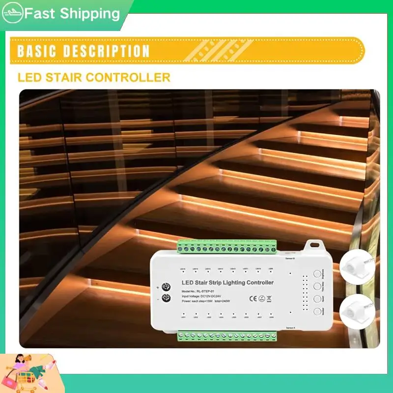 

16-канальный светодиодный контроллер лестничного освещения, 2 PIR для внутреннего гибкого светодиодного светильника COB-Tvdae