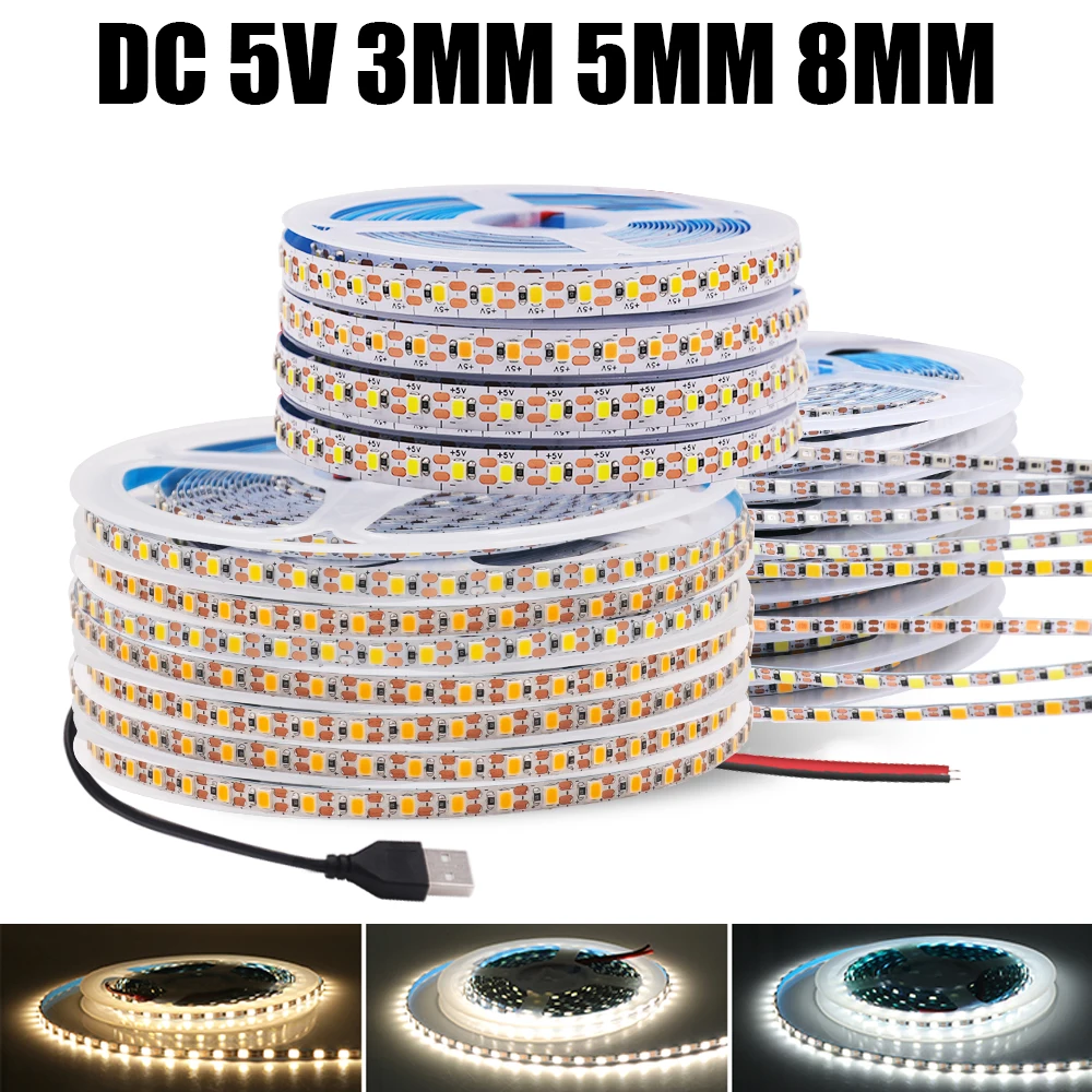 

3mm 5mm 8mm LED Strip Light 5V USB/2pin Cable Flexible LED Tape 2835 120Leds/m 1LED Cut LED Ribbon with Shelf Adhesive Backlight
