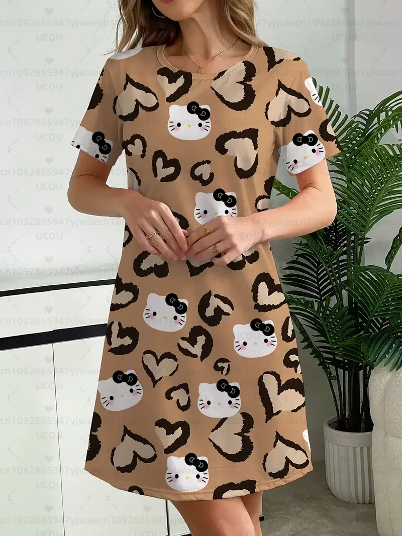 夏の女性の Tシャツドレスプラスサイズカジュアルハローキティプリント O ネックレディ半袖プルオーバードレス女性服