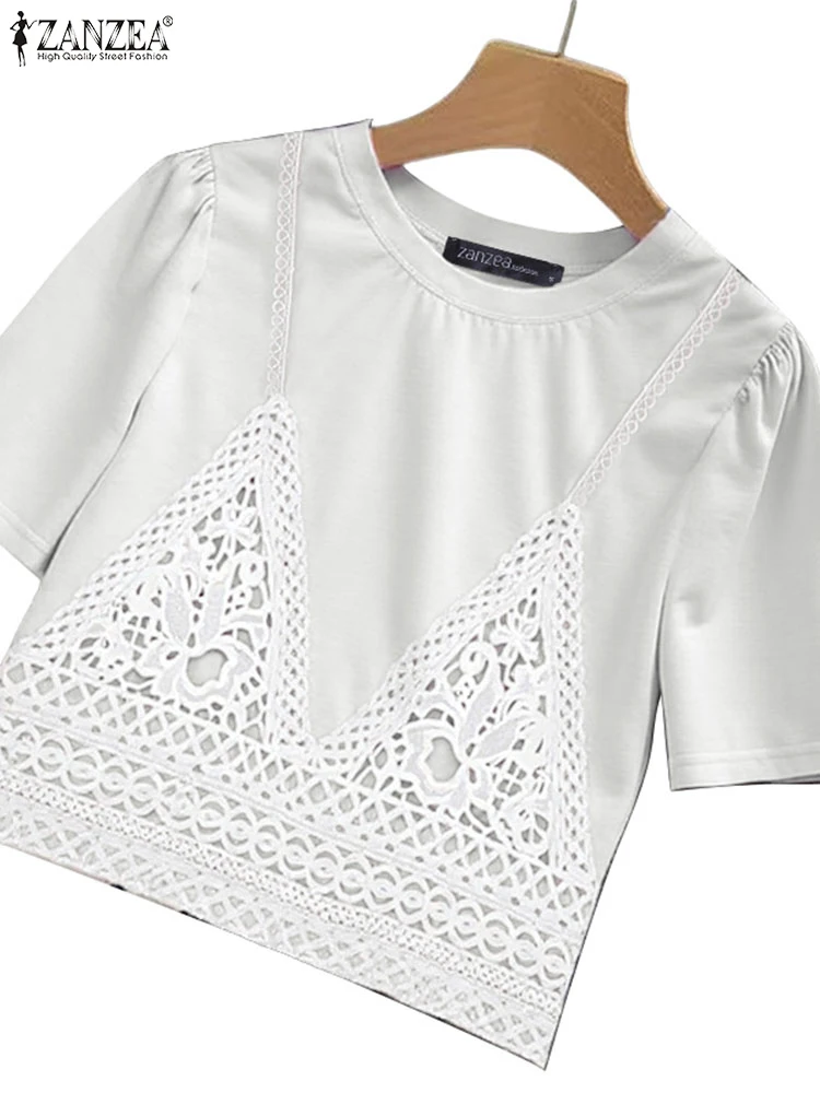

ZANZEA Women Tops 2025 Summer T-shirts Fashion Fake Two-piece Tees Lace Patchwork Causal Short Sleeve T-Shirts Loose Tops Tunic