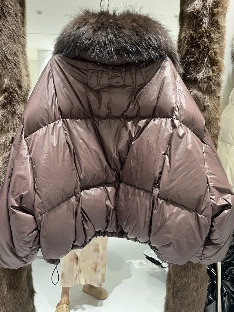 OFTBUY ريال ضخم الراكون الفراء طوق سترة منفوخة جديد الشتاء المرأة قصيرة فضفاضة سميكة الدافئة أسفل معطف الأبيض بطة أسفل سترة