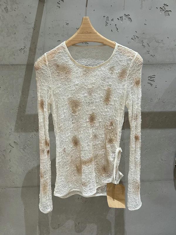 

Spring Summer Women's Slim Fit Shirt round Neck Long Sleeve Breathable Thin Material Dye Diffusion See through Chic Style