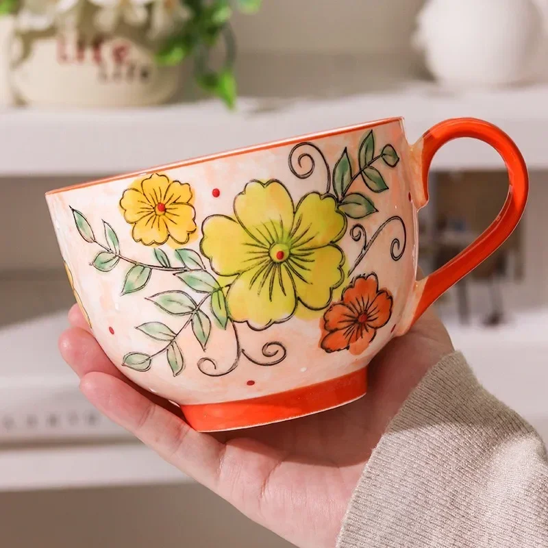 500ML Ceramic Coffee Mugs Large Capacity Hand-painted Relief Breakfast Cup Milk Oat Flower Tea Cups Creative Drinking Water Mug